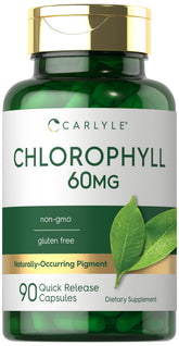Carlyle Chlorophyll Pills bottle on countertop, gluten-free lifestyle support.