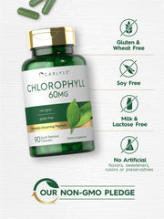 Carlyle Chlorophyll Pills label detail with nutrition facts and ingredients.