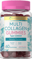 Carlyle Collagen Gummies bottle front with vivid mixed berry flavor