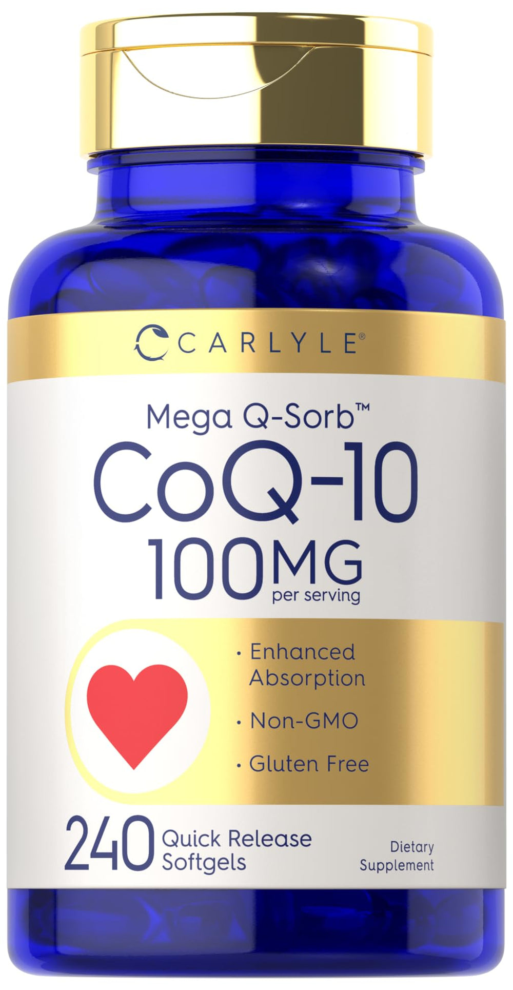 Carlyle CoQ10 softgels bottle highlighting Mega Q-Sorb for enhanced absorption.