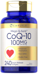 Carlyle CoQ10 softgels bottle highlighting Mega Q-Sorb for enhanced absorption.