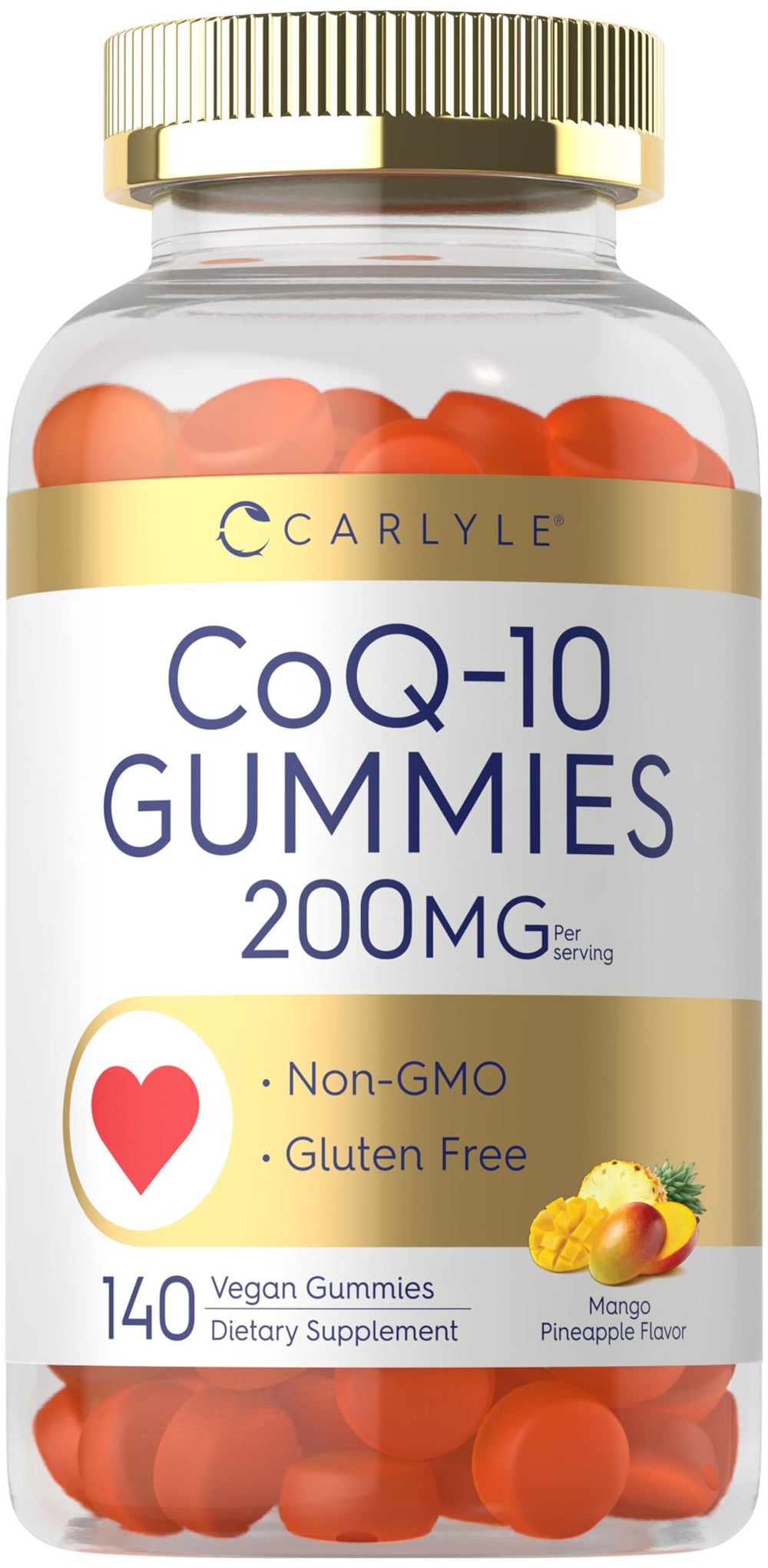 Carlyle CoQ10 gummies bottle with mango pineapple flavor, vegan and gluten-free daily support.