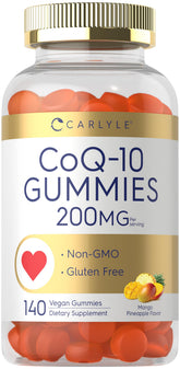 Carlyle CoQ10 gummies bottle with mango pineapple flavor, vegan and gluten-free daily support.