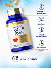 Carlyle CoQ10 200mg Mega Q-Sorb label shows non-GMO and gluten-free claims
