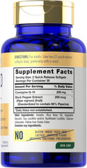 Carlyle CoQ10 200mg softgels label closeup, premium non-GMO formula