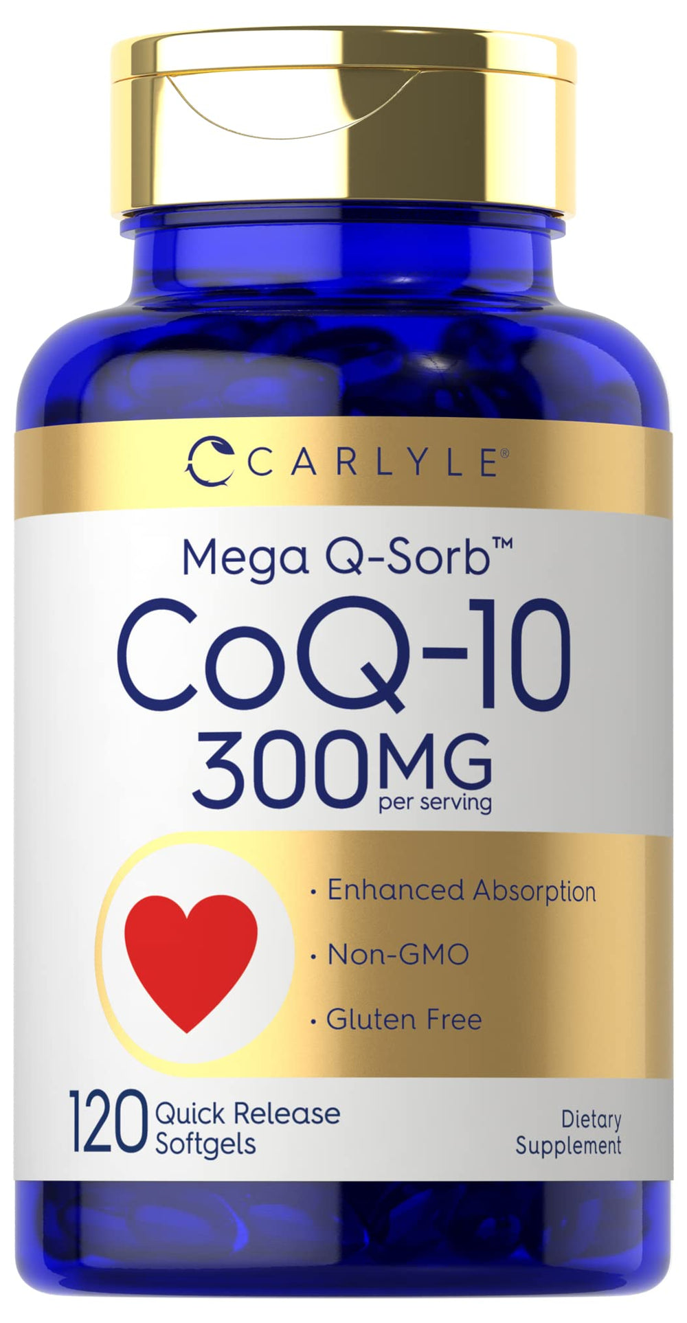 Carlyle CoQ10 300mg Mega Q-Sorb softgels, front view for daily supplementation.