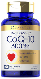 Carlyle CoQ10 300mg Mega Q-Sorb softgels, front view for daily supplementation.