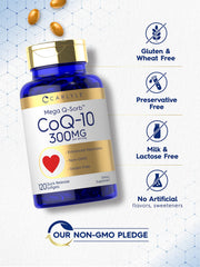 Carlyle CoQ10 300mg softgels closeup suggests easy swallowing.