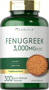 Carlyle Fenugreek Capsules 300 Count bottle front with gluten-free, non-GMO formulation.