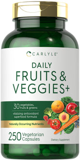 Carlyle Fruits and Veggies bottle label showing 30+ superfoods for daily nutrition.