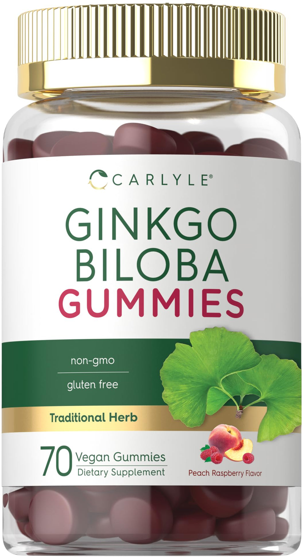 Carlyle Ginkgo Biloba Gummies bottle shows peach raspberry vegan formula.