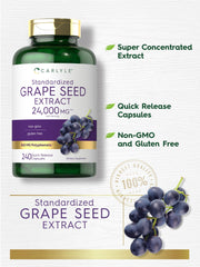 Close-up label of Carlyle Grape Seed Extract highlighting quality and standardized potency