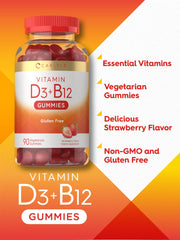 Carlyle Gummies with vegetarian symbol in frame suggesting plant-based vitamin D3 + B12