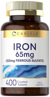 Carlyle Iron bottle front highlighting daily iron support in a non-GMO formula.