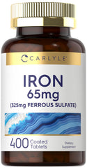 Carlyle Iron bottle front highlighting daily iron support in a non-GMO formula.
