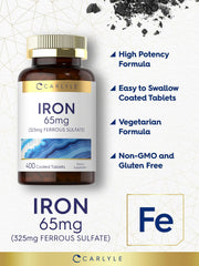 Carlyle Iron ingredients panel highlights vegetarian and gluten-free attributes.