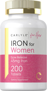 Carlyle Iron Supplement bottle showing 200 slow-release tablets for steady support.