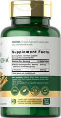 Closeup of Ashwagandha caplets highlighting vegan, gluten-free, non-GMO formula.