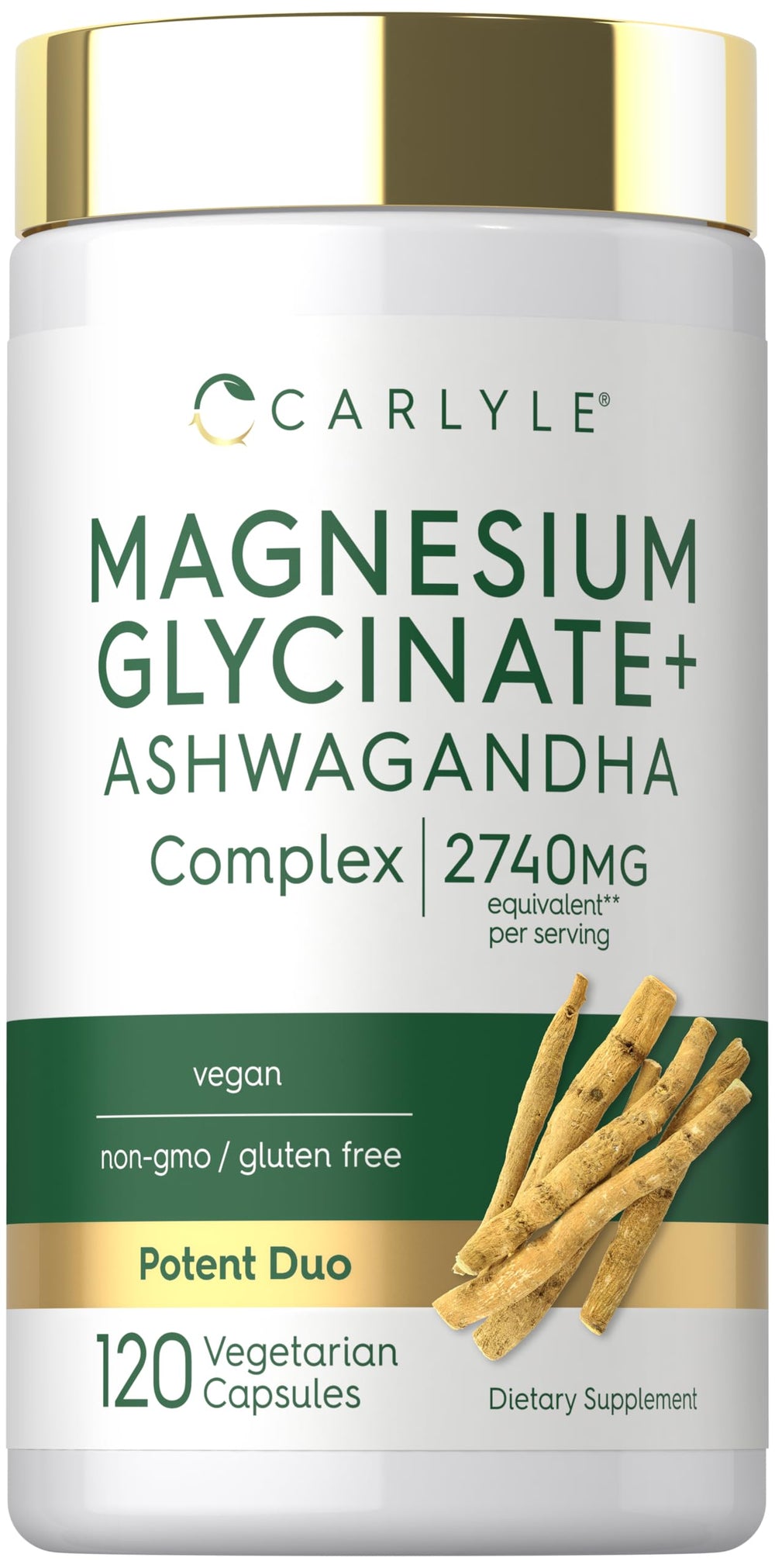 Carlyle Magnesium Glycinate + Ashwagandha bottle close-up for daily wellness support.