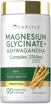 Carlyle Magnesium Glycinate + Ashwagandha bottle close-up for daily wellness support.