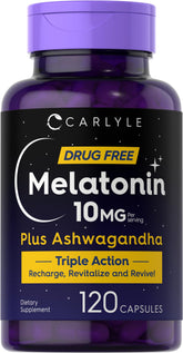 Carlyle Melatonin 10mg bottle front with triple strength night support.