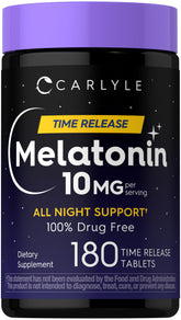 Carlyle Melatonin 10mg time-release bottle promotes all-night rest