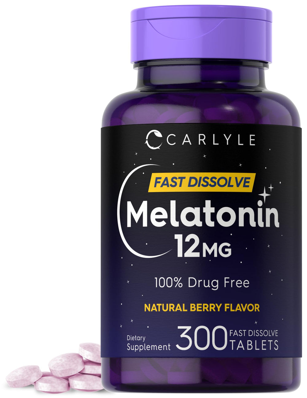 Carlyle Melatonin 12 mg fast-dissolve bottle, convenient nightly format for easy use