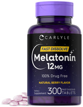 Carlyle Melatonin 12 mg fast-dissolve bottle, convenient nightly format for easy use