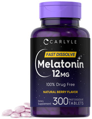 Carlyle Melatonin 12 mg fast-dissolve bottle, convenient nightly format for easy use