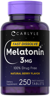 Carlyle Melatonin 3mg fast-dissolve tablet on table for an easy bedtime routine