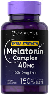 Carlyle Melatonin 40mg Complex bottle showcases fast-dissolve tablets for bedtime.