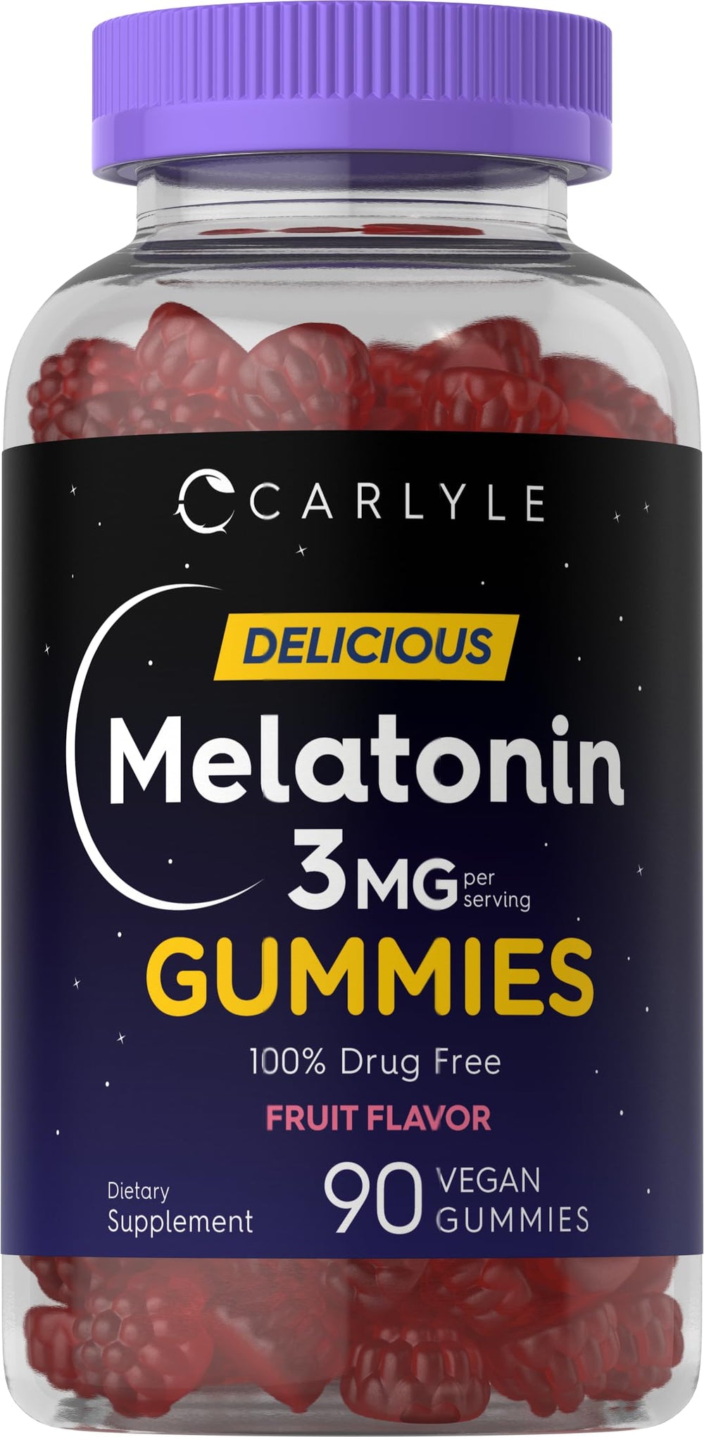 Carlyle Melatonin Gummies bottle close-up, vegan and gluten-free sleep support option