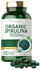 Carlyle Organic Spirulina tablets in bottle for daily wellness.