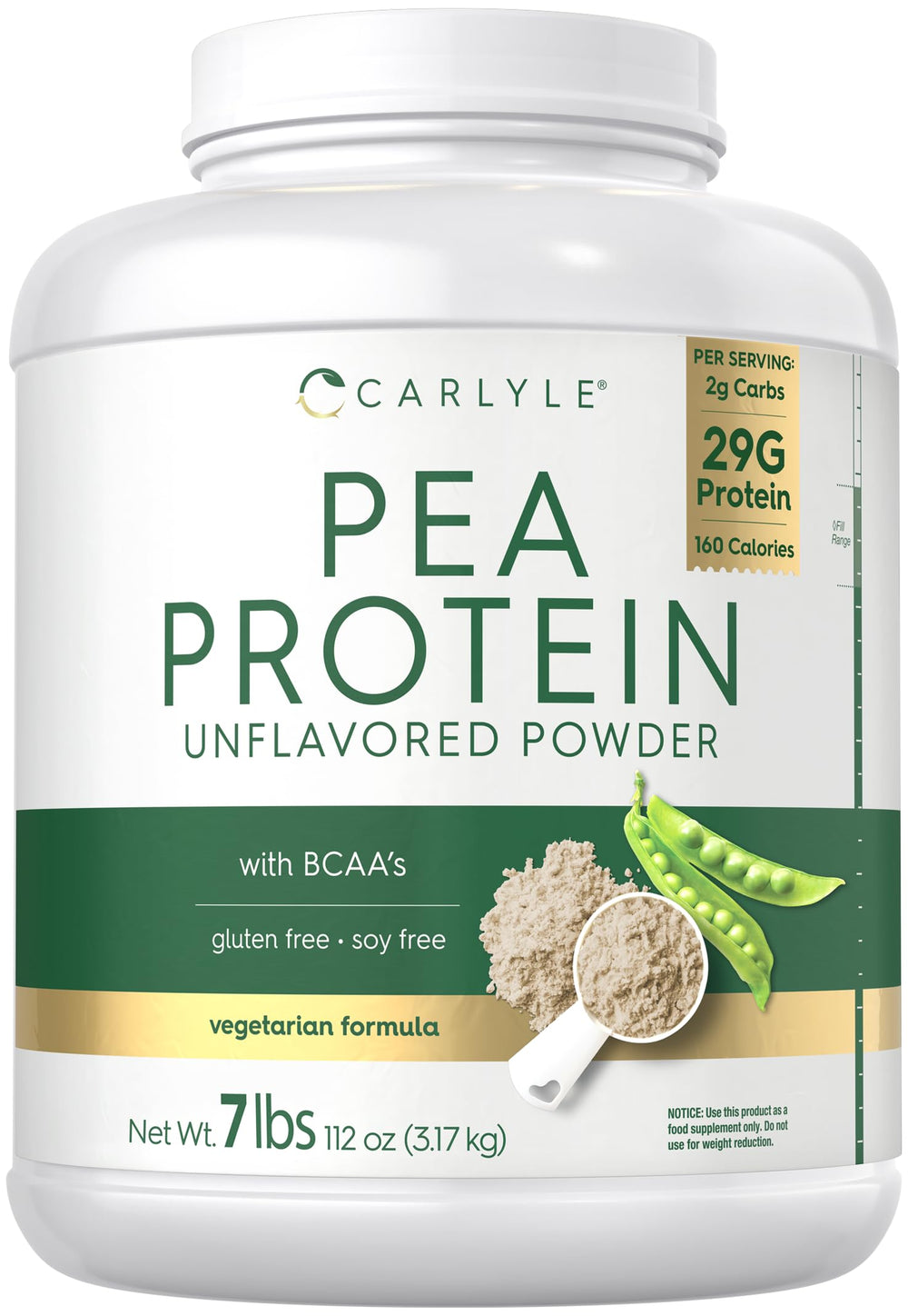 Carlyle Pea Protein Powder 7lb bottle front shows neutral flavor for versatile recipes.