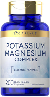 Carlyle Potassium Magnesium bottle front with non-GMO gluten-free minerals for daily wellness
