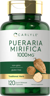 Front view of Carlyle Pueraria Mirifica capsules bottle showing gluten-free, non-GMO supplement.