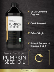 Carlyle Pumpkin Seed Oil label closeup highlights organic, cold-pressed ingredients.