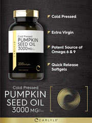 Carlyle Pumpkin Seed Oil Softgel bottle label shows non-GMO and gluten-free ingredients.