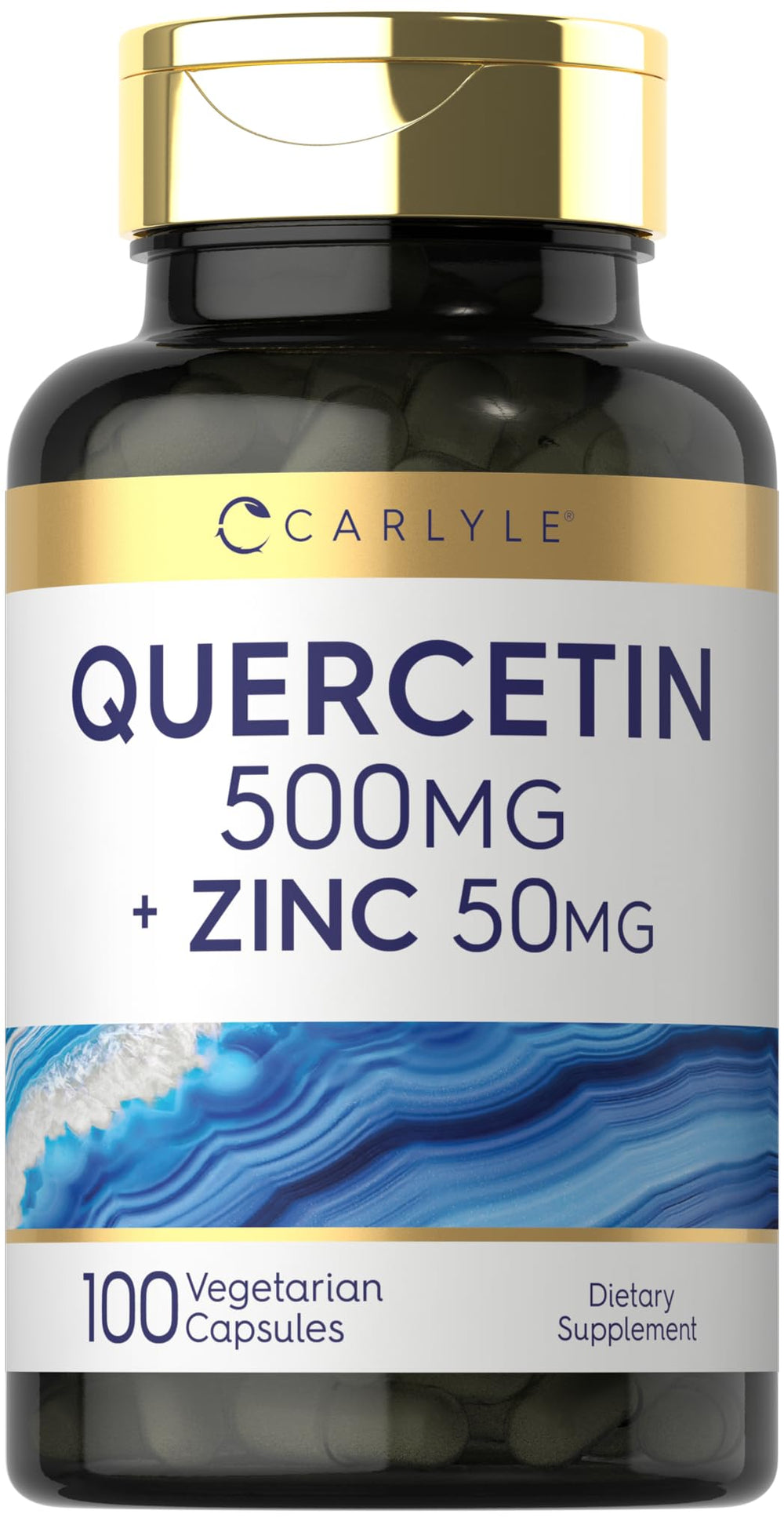Carlyle Quercetin 500mg bottle pour for easy daily supplement routine with potential support.