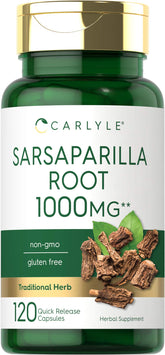 Carlyle Sarsaparilla Root Capsules bottle on countertop for daily wellness routine.