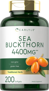 Carlyle Sea Buckthorn Oil Capsules bottle close-up, gluten-free and non-GMO.