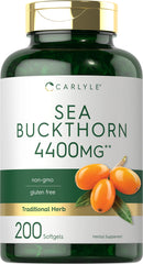 Carlyle Sea Buckthorn Oil Capsules bottle close-up, gluten-free and non-GMO.