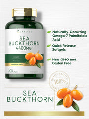 Carlyle Sea Buckthorn Oil Capsules packaging box showing non-GMO claims.