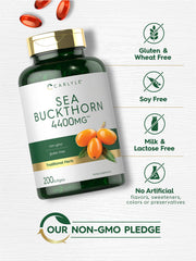 Carlyle Sea Buckthorn Oil Capsules softgels displayed, omega-rich formulation.