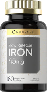 Carlyle Slow Release Iron 45 mg tablet closeup shows daily iron support in vegetarian form.