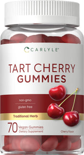 Carlyle Tart Cherry Gummies bottle showing 70-count packaging for daily vegan wellness