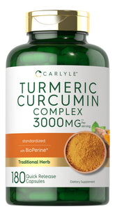 Carlyle Turmeric Curcumin bottle front with 180 capsules for daily wellness.