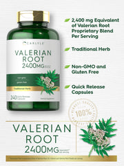Carlyle Valerian Root Capsules packaging display highlighting gluten-free, Non-GMO