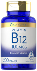 Carlyle Vitamin B12 100mcg bottle shown for daily vegan support