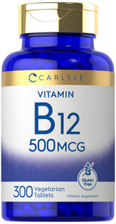 Carlyle Vitamin B-12 500mcg bottle supports daily wellness in a vegetarian formula.
